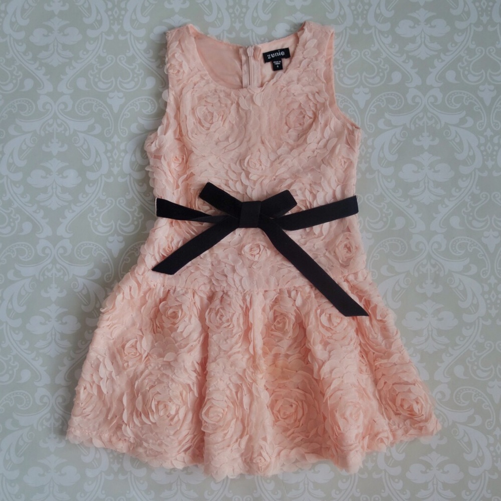 Salmon pink rosette dress with black velvet ribbon